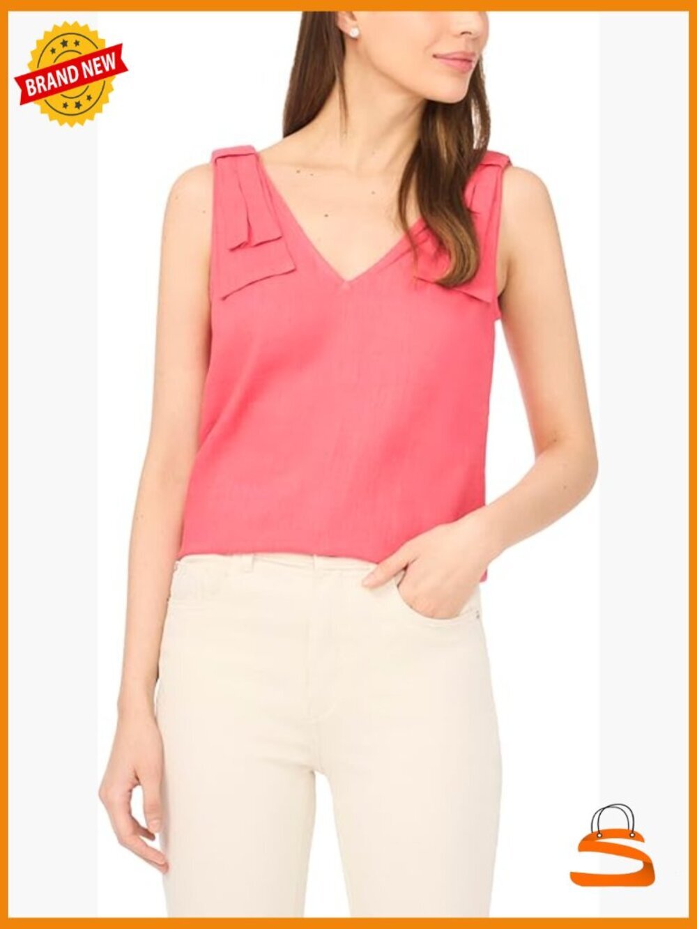 Bow Strap Tank Top Linen Blend V-Neck Sleeveless Pull On Spring Summer